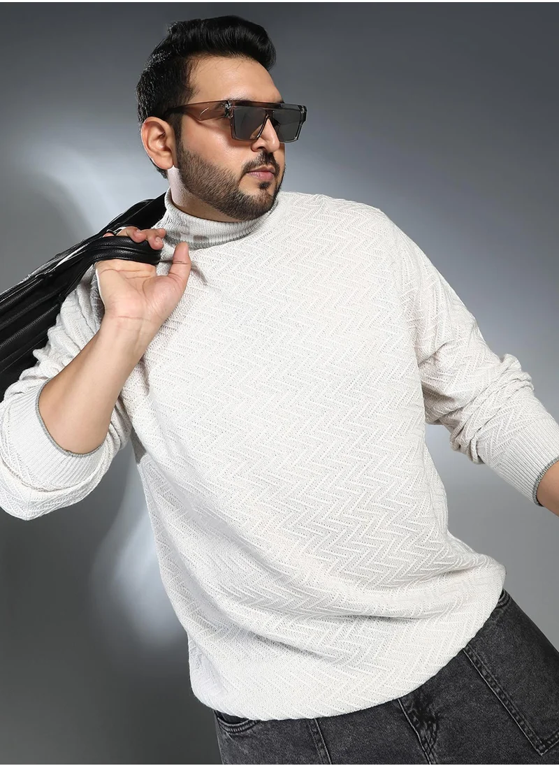 Instafab Plus Instafab Plus Men's Light Grey Herringbone Textured Pullover Sweater For Casual Wear | Turtle Neck | Long Cuff Sleeves | Pull On Closure | Plus Size Sweater Crafted With Comfort Fit For Everyday Wear