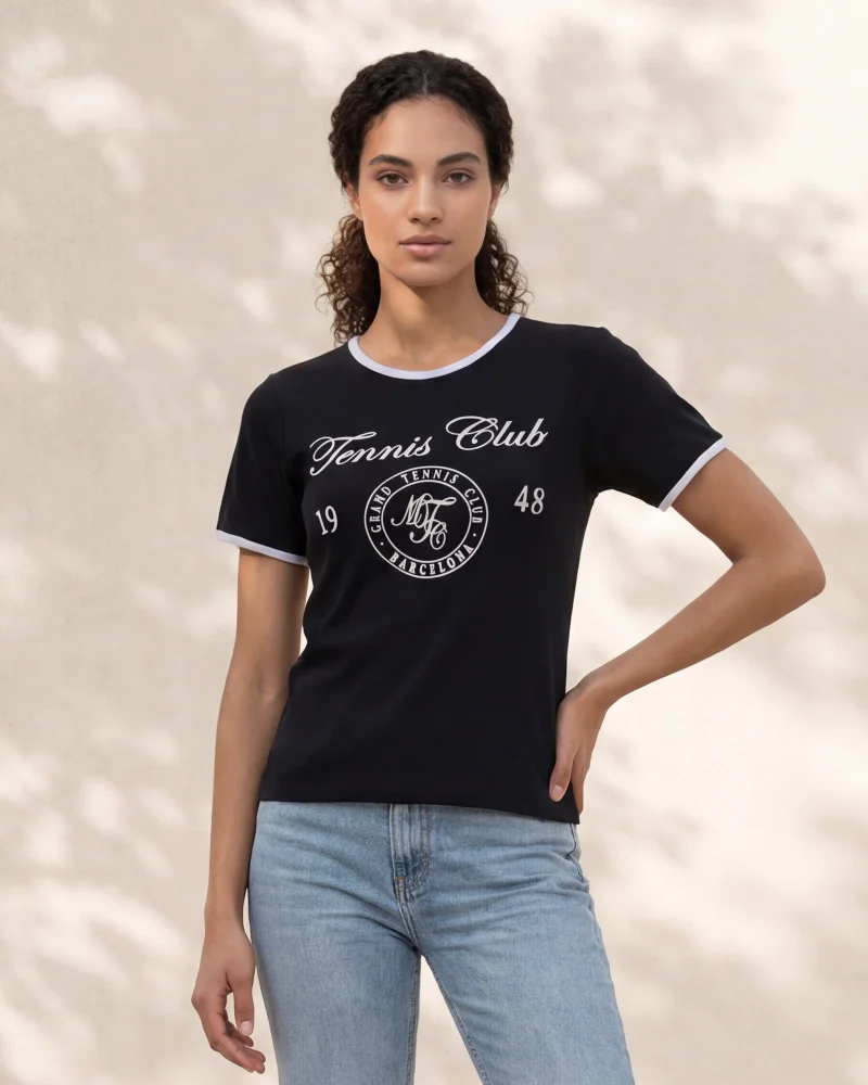 Redtag Women Black Placement Print Rib T Shirt