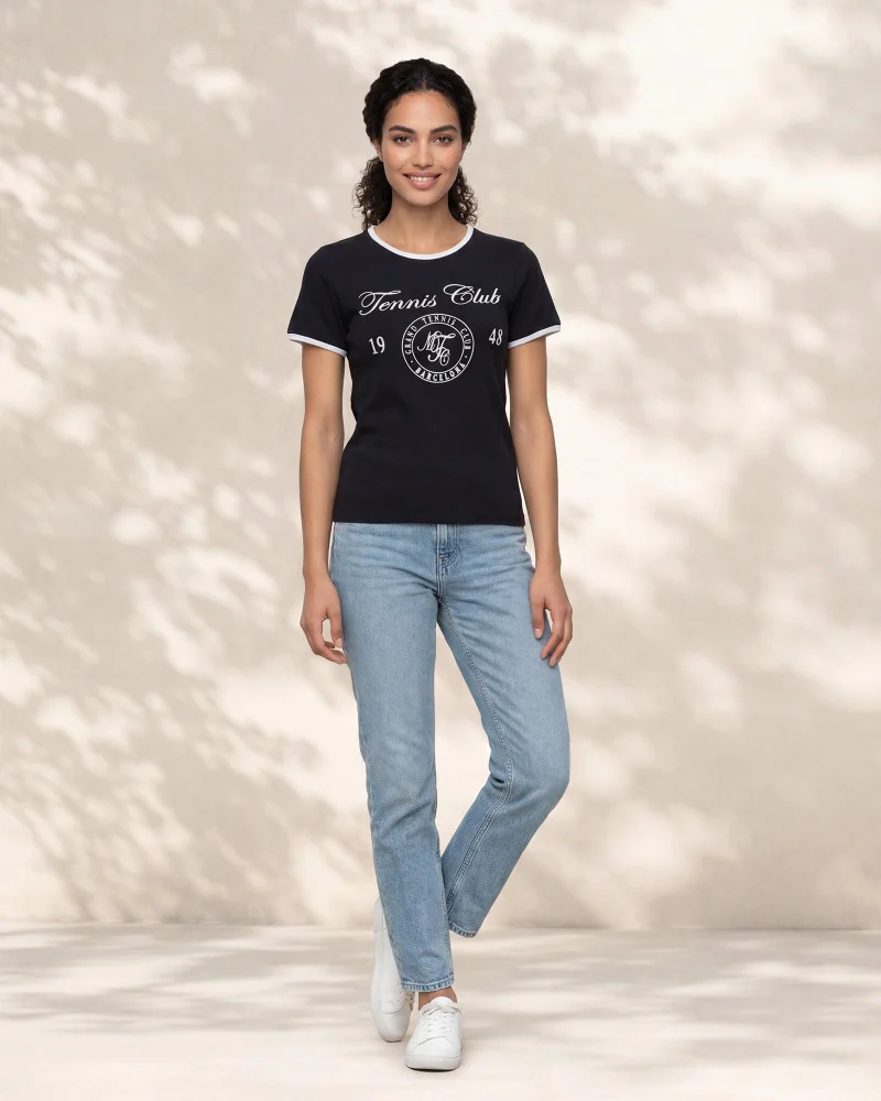 Redtag Women Black Placement Print Rib T Shirt