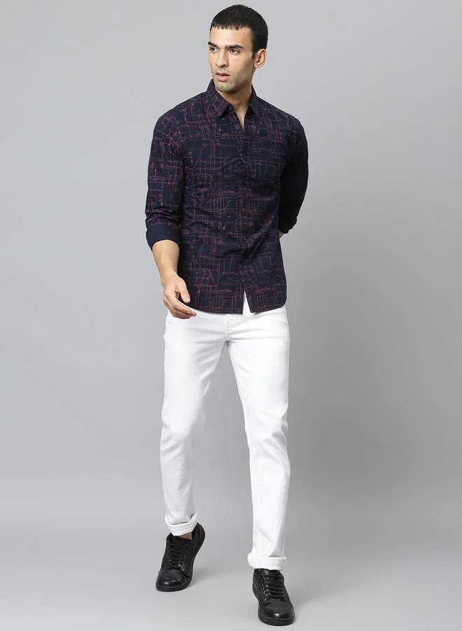 Dennis Lingo Slim Fit Navy Men's Solid Shirt, Spread Collar, Full Sleeves, 100% Cotton,