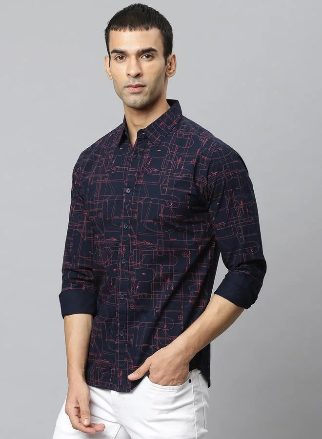 Dennis Lingo Slim Fit Navy Men's Solid Shirt, Spread Collar, Full Sleeves, 100% Cotton,