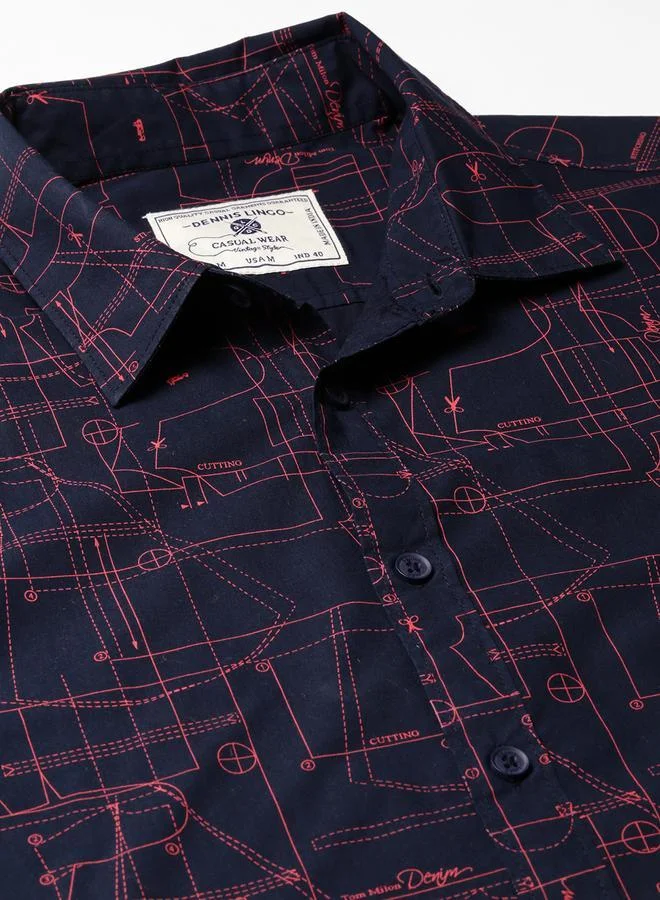 Dennis Lingo Slim Fit Navy Men's Solid Shirt, Spread Collar, Full Sleeves, 100% Cotton,