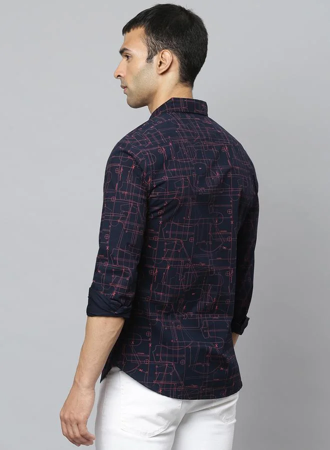 Dennis Lingo Slim Fit Navy Men's Solid Shirt, Spread Collar, Full Sleeves, 100% Cotton,