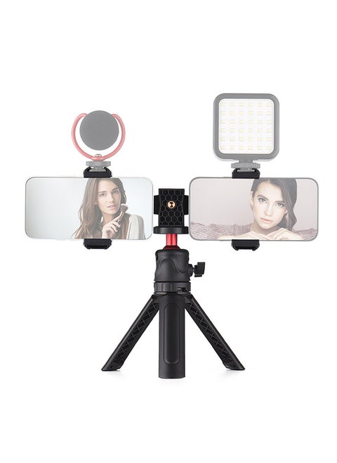 Multifunctional Smartphone Video Kit Including Universal Phone Tripod Mount with Dual Phone Holders 4 Cold Shoe Mounts + Desktop Tripod for Vlog Live Streaming Oline Video Teaching Meeting