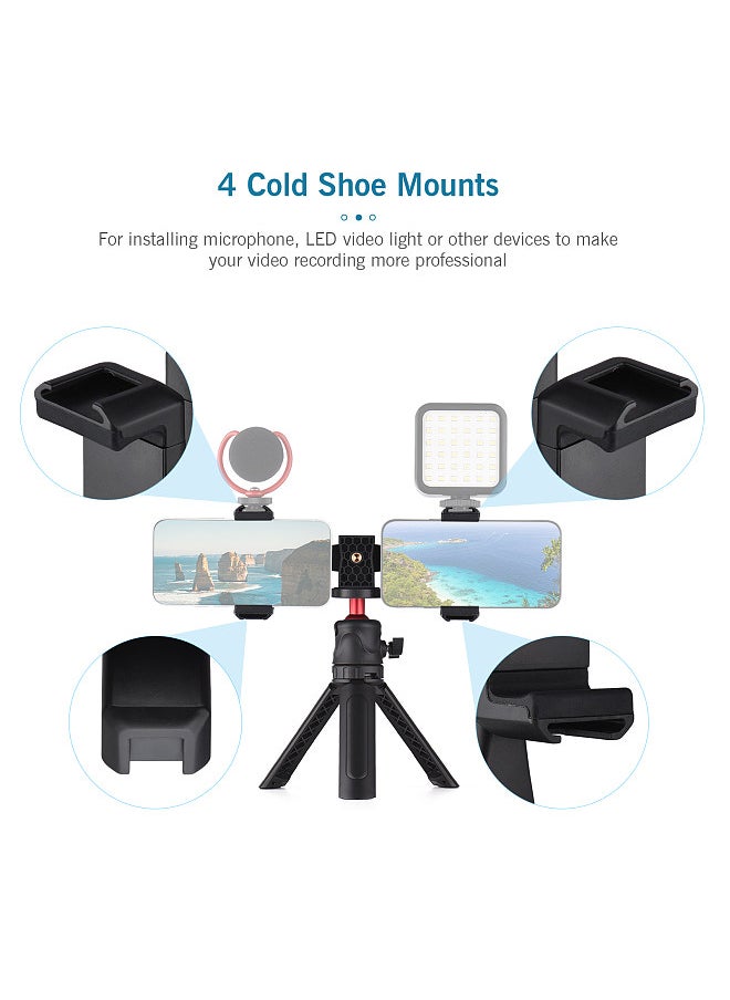 Multifunctional Smartphone Video Kit Including Universal Phone Tripod Mount with Dual Phone Holders 4 Cold Shoe Mounts + Desktop Tripod for Vlog Live Streaming Oline Video Teaching Meeting
