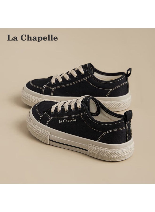 La Chapelle Women's Thick-soled Canvas Shoes Autumn New Versatile White Sneakers Lightweight Casual Skate Shoes Black Size 38