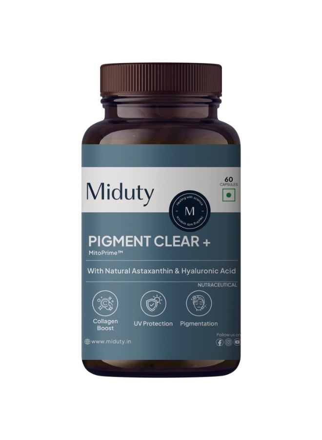 Miduty Pigment Clear+ | Oral Sunscreen - Skin Support Supplement with Longevity Vitamins, Mineral Complex & Hyaluronic Acid – Reduces Pigmentation & Uneven Skin Tone– 60 Capsules - Image 1