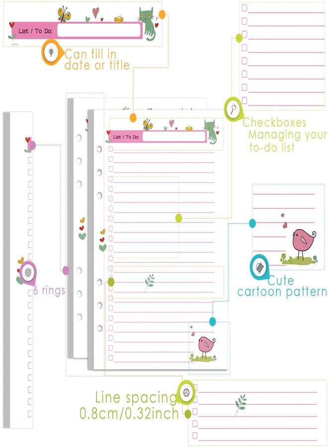 Rancco A5 Planner Inserts to Do List, 90 Pages Colorful 6-Ring Loose-leaf Planner Refills w/Binder Divider, Zipper Pouch, Ruler, Index Tab for Personal Journal, Filofax, Double-sided,Undated,5.5×8.3" - Image 2