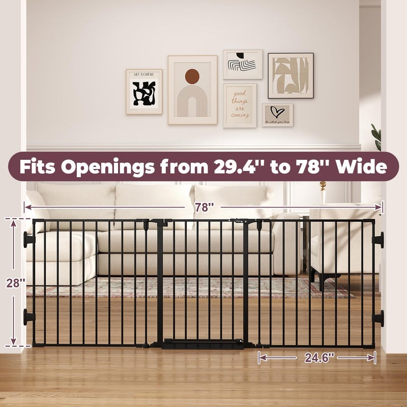 Cideny 78" Extra Wide Baby Gate, Dog Gates Indoor for Doorways Stairs, Essential Safety Gate for Child, Hardware Mounted Adjustable Pet Gate with Anti-Trip Pedal, 28'' Tall 3 Metal Panels Black - Image 5