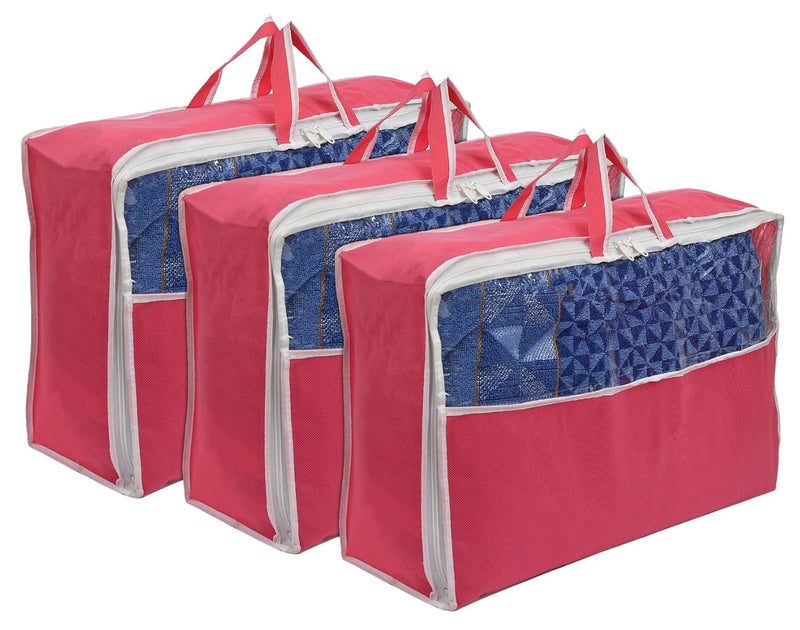 Kuber Industries NonWoven Rectangular Underbed Storage BagCloth Organizer For Store Clothes Quilts Comforters Blanket With Top Tranasparent Window Handle Pack of 3 Pink - Image 1