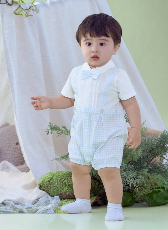 Dave & Bella Boys Cotton Gingham Romper with Bow Tie - Image 1