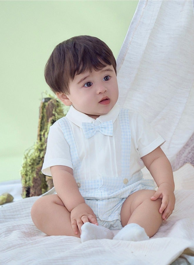 Dave & Bella Boys Cotton Gingham Romper with Bow Tie - Image 2