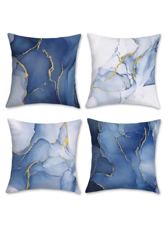 Bonhause Blue Marble Cushion Covers 45 x 45 cm Abstract Marble Blue and Gold Modern Decorative Throw Pillow Covers Pillowcases for Sofa Patio Home Decor Set of 4 - Image 1