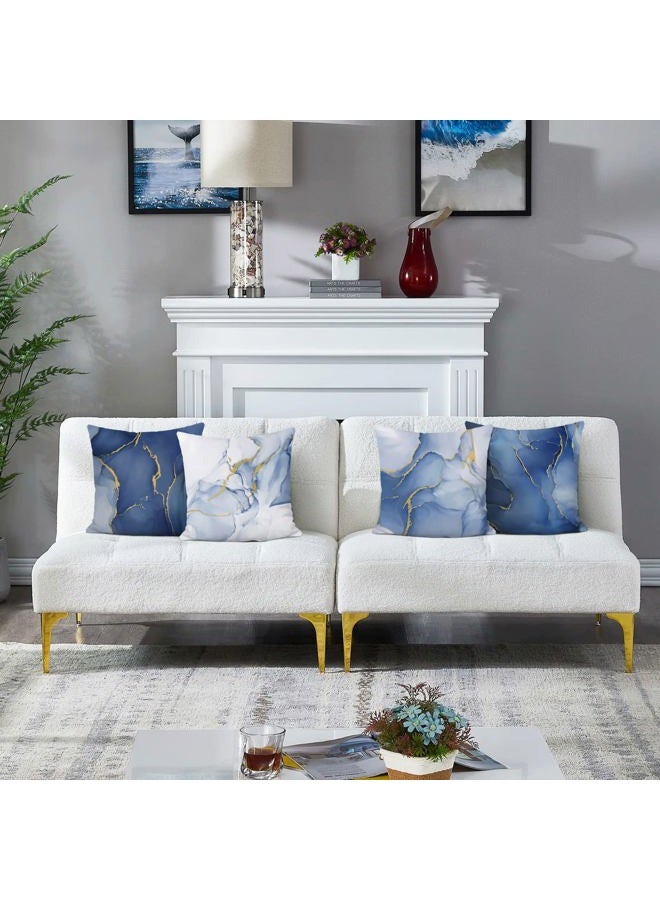 Bonhause Blue Marble Cushion Covers 45 x 45 cm Abstract Marble Blue and Gold Modern Decorative Throw Pillow Covers Pillowcases for Sofa Patio Home Decor Set of 4 - Image 2