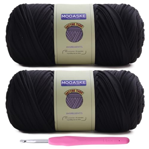 Mooaske 2 Pack T-Shirt Crochet Yarn for DIY Knitting Crochet Cloth Blanket Bag Dolls - 400g Chunky Thick Yarn for Crocheting with Polyester-Spandex Blend Elastic Fabric (Black) - Image 1