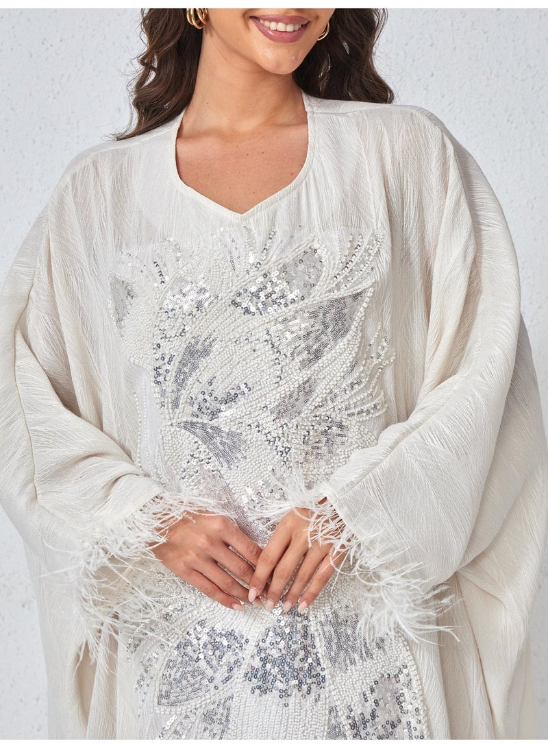 Kaiyuede Kaftan Abaya Wedding White Silver Sequin Floral Polyester Batwing Sleeve Feather Trim Full Coverage Party - Image 3
