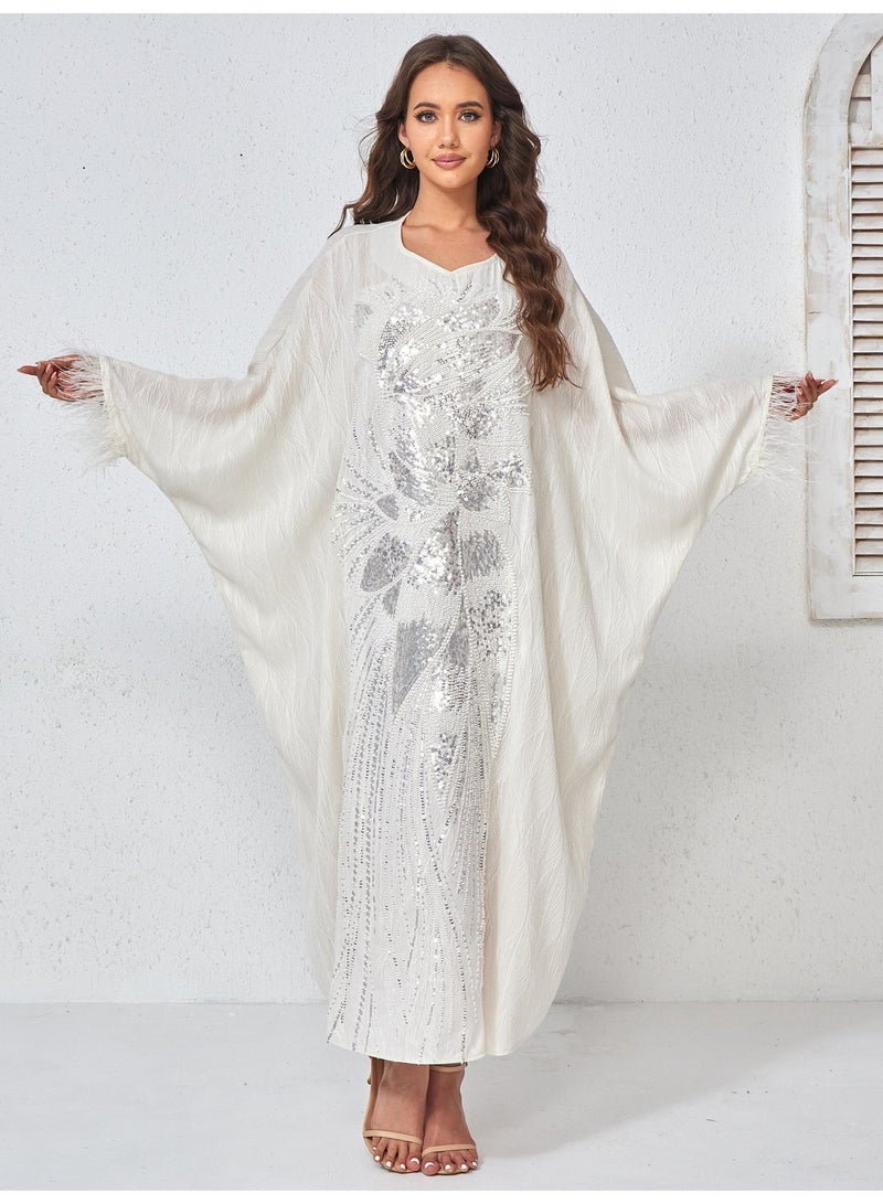 Kaiyuede Kaftan Abaya Wedding White Silver Sequin Floral Polyester Batwing Sleeve Feather Trim Full Coverage Party - Image 1