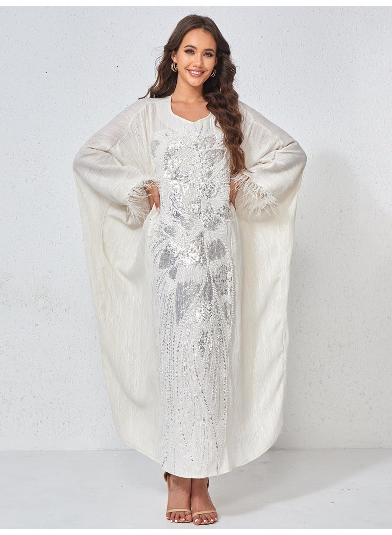 Kaiyuede Kaftan Abaya Wedding White Silver Sequin Floral Polyester Batwing Sleeve Feather Trim Full Coverage Party - Image 4