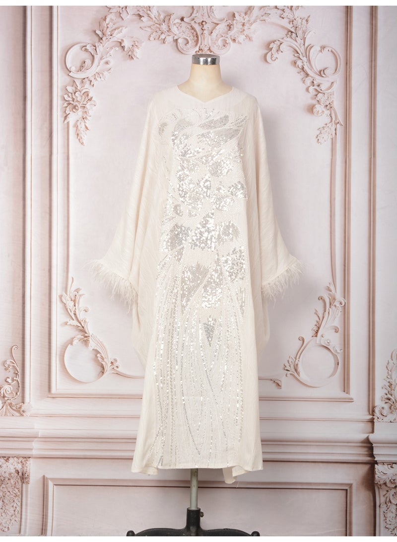 Kaiyuede Women's White Kaftan Silver Sequin Floral Batwing Sleeve Feather Trim Built-in Belt Polyester Formal Wedding Eid S-XL - Image 5