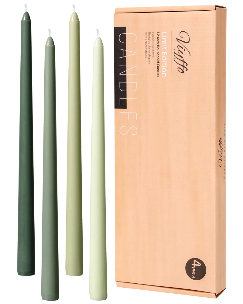 Viyffo 12 Inch Green Taper Candles Set of 4 Unscented Smokeless Long Tall Tapered Candles for Candlesticks Sticks Wedding Home Decor Dinner - Image 1