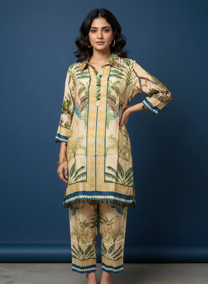Lehar Beige Tropical Printed Co-Ord Set
