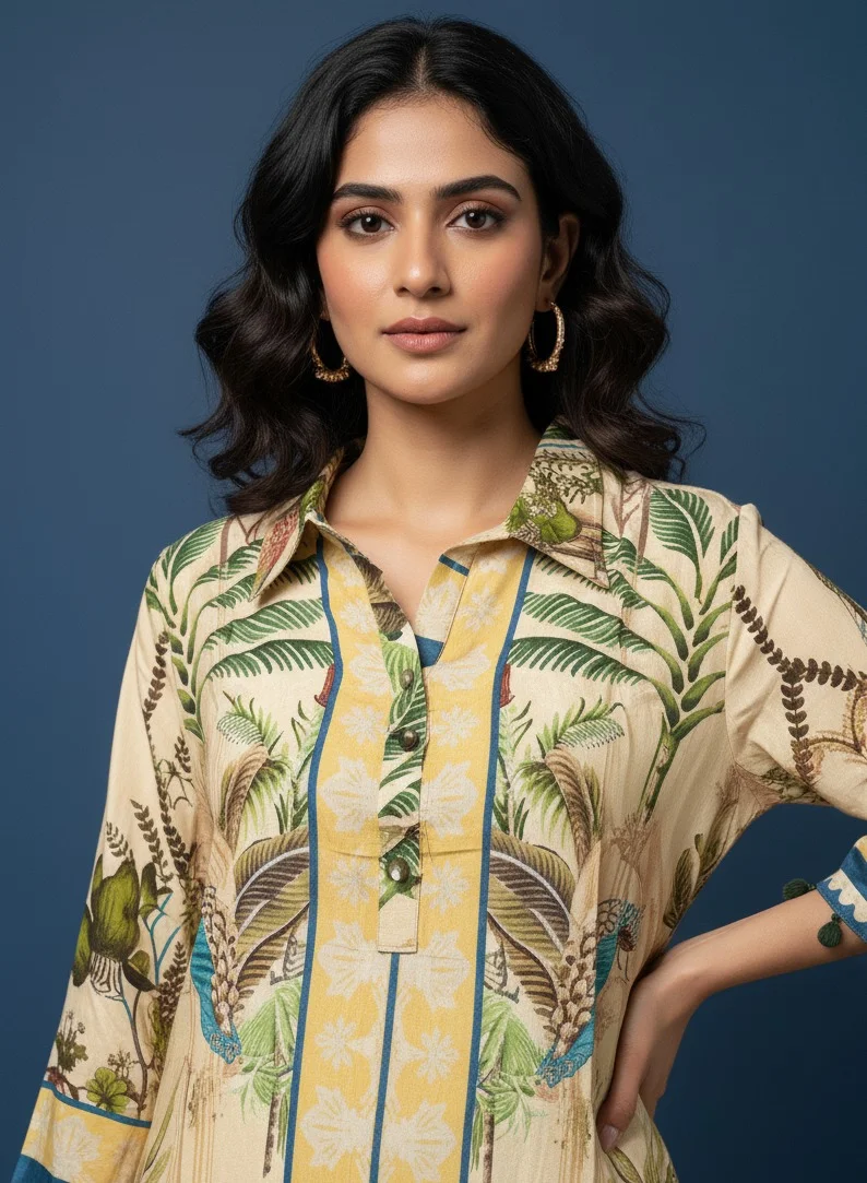 Lehar Beige Tropical Printed Co-Ord Set