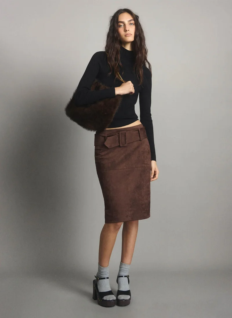 Lichi Knee-length eco-suede skirt with a wide belt