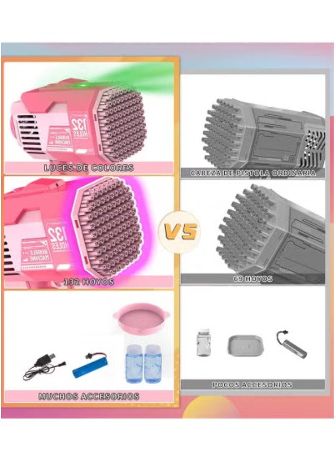 TIGER 132-Hole Gatling Bubble Gun with Colorful LED Lights – Electric Automatic Bubble Launcher with Bubble Liquid Included – High-Power Bubble Machine for Kids & Adults – Perfect for Garden Play, Birthday Parties, Weddings & Indoor/Outdoor Fun – Pink Bubble Blaster Toy - Image 4