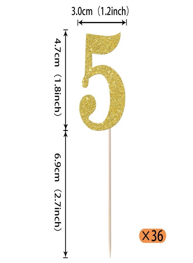 Rsstarxi 36 Pack 5th Birthday Cupcake Toppers Gold Glitter Number 5 Cupcake Picks Fifth Birthday Cake Decorations for Cheers to 5 Years Baby Shower Anniversary Party Decorations - Image 2