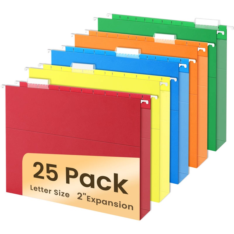 SUNEE Hanging File Folders Extra Capacity Assorted Colors, 25 Pack Letter Size File Folders with 1/5-cut Tabs, Heavy Duty 2 Inch Expansion, Stay Organized for Your Home and Office Bulk File - Image 1