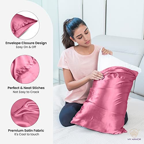 MY ARMOR Satin Pillow Covers for Hair | Anti-Frizz & Anti-Wrinkle Silk Pillow Cover for Hair & Skin | Gentle Cooling Fabric, 18x28 Inches | Zipper Closure | Pack of 2, Rose - Image 5