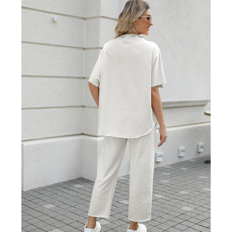 SeeLuNa Women's Two Piece Outfits 3/4 Batwing Sleeve Capelet Crew Neck Pullover Top Wide Leg Pants Lounge Set(Light Gray, L) - Image 2