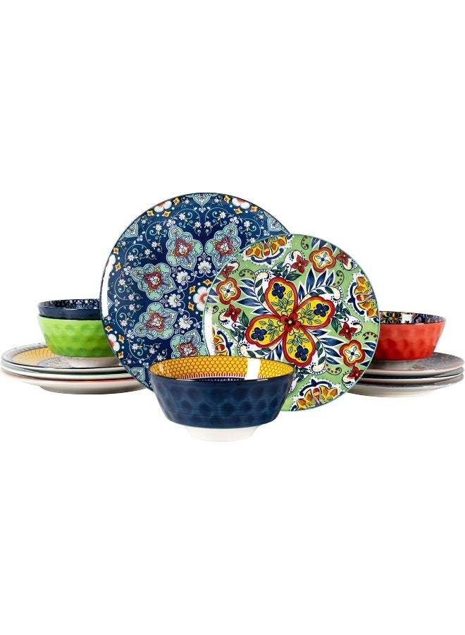 HENXFEN LEAD طقم أطباق وأوعية خزفية طقم أدوات مائدة 12 قطعة أطباق ملونة لـ 4 أشخاص أطباق عشاء مطلية يدويًا طبق سلطة/طبق حلوى وعاء شوربة/حبوب بأسلوب بوهيمي - Image 1