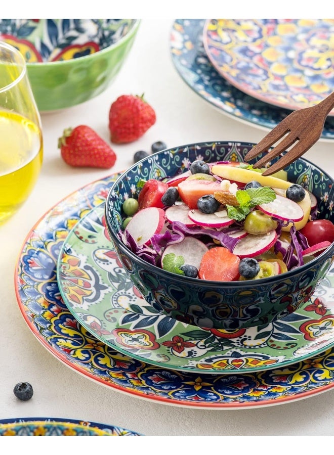 HENXFEN LEAD طقم أطباق وأوعية خزفية طقم أدوات مائدة 12 قطعة أطباق ملونة لـ 4 أشخاص أطباق عشاء مطلية يدويًا طبق سلطة/طبق حلوى وعاء شوربة/حبوب بأسلوب بوهيمي - Image 3