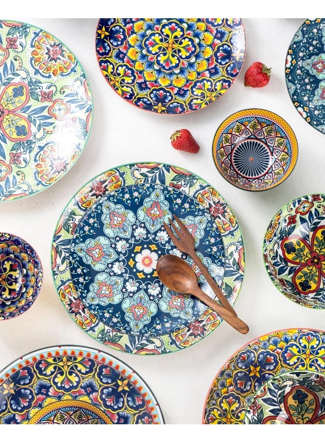 HENXFEN LEAD طقم أطباق وأوعية خزفية طقم أدوات مائدة 12 قطعة أطباق ملونة لـ 4 أشخاص أطباق عشاء مطلية يدويًا طبق سلطة/طبق حلوى وعاء شوربة/حبوب بأسلوب بوهيمي - Image 4
