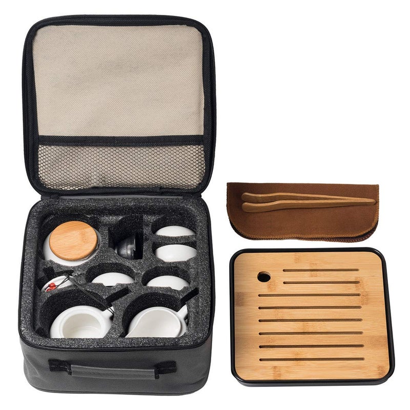 Lyty Chinese Tea Pot Cup Set with Tray Infuser - Travel Ceramic Tea set Porcelain Teapot, Portable All in One Bag for Outdoor Picnic Business Hotel (White) - Image 2