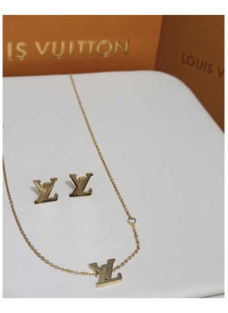 Lo Gold necklace and earring set with accessories and warranty card 