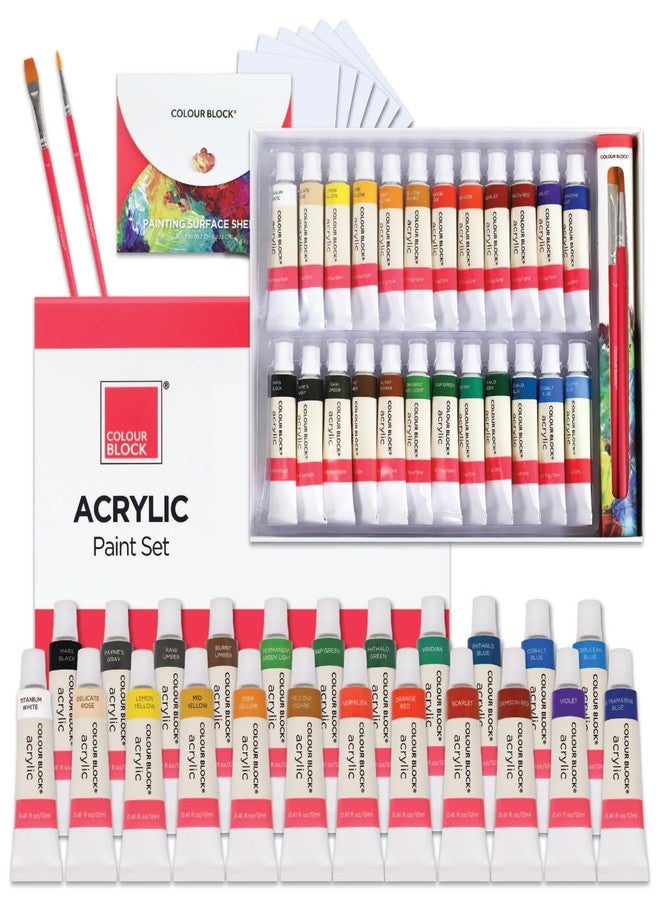 COLOUR BLOCK 32 Acrylic Paint Set with Brushes and 6 Sheet Paper - Perfect School Supply for Creating Beautiful Masterpieces - Image 1