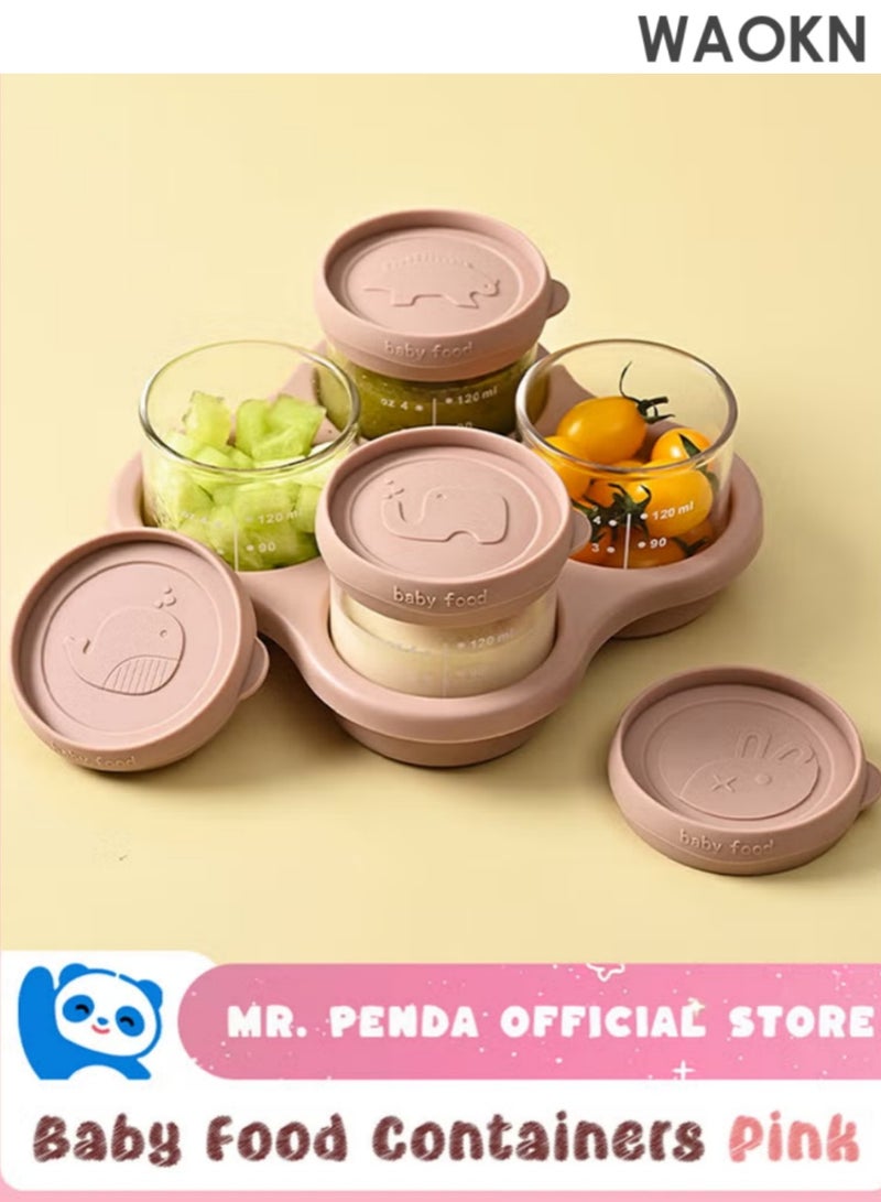 دبليو أيه أو كي أن عبوة من 4 عبوات زجاجية لتخزين طعام الأطفال مع أغطية، عبوات تخزين طعام الأطفال قابلة للاستخدام في الميكروويف، صينية تجميد طعام الأطفال، برطمانات طعام الأطفال الزجاجية (وردي) - Image 1