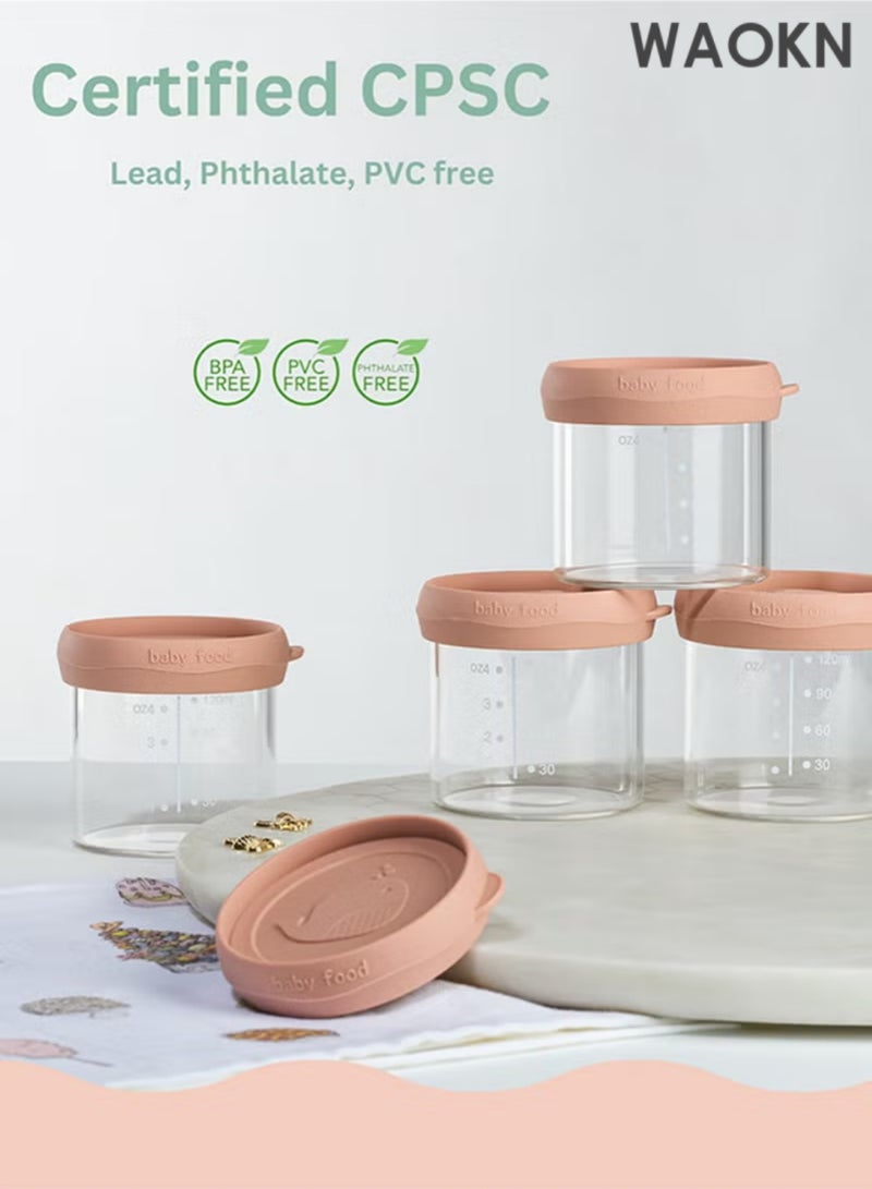 دبليو أيه أو كي أن عبوة من 4 عبوات زجاجية لتخزين طعام الأطفال مع أغطية، عبوات تخزين طعام الأطفال قابلة للاستخدام في الميكروويف، صينية تجميد طعام الأطفال، برطمانات طعام الأطفال الزجاجية (وردي) - Image 4