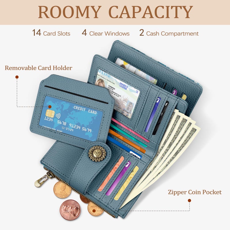 Icycay Sea Turtle Small Wallet Women RFID Blocking Bifold, Credit Card Holder, Zipper Coin Pocket, PU Leather, Cute, Compact, Travel, 4 ID Window, 14 Card Slots, Cash Purse, Ladies Woman Female Girls - Image 2