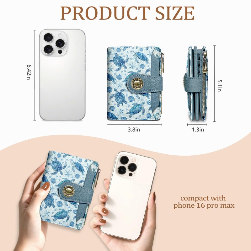 Icycay Sea Turtle Small Wallet Women RFID Blocking Bifold, Credit Card Holder, Zipper Coin Pocket, PU Leather, Cute, Compact, Travel, 4 ID Window, 14 Card Slots, Cash Purse, Ladies Woman Female Girls - Image 4