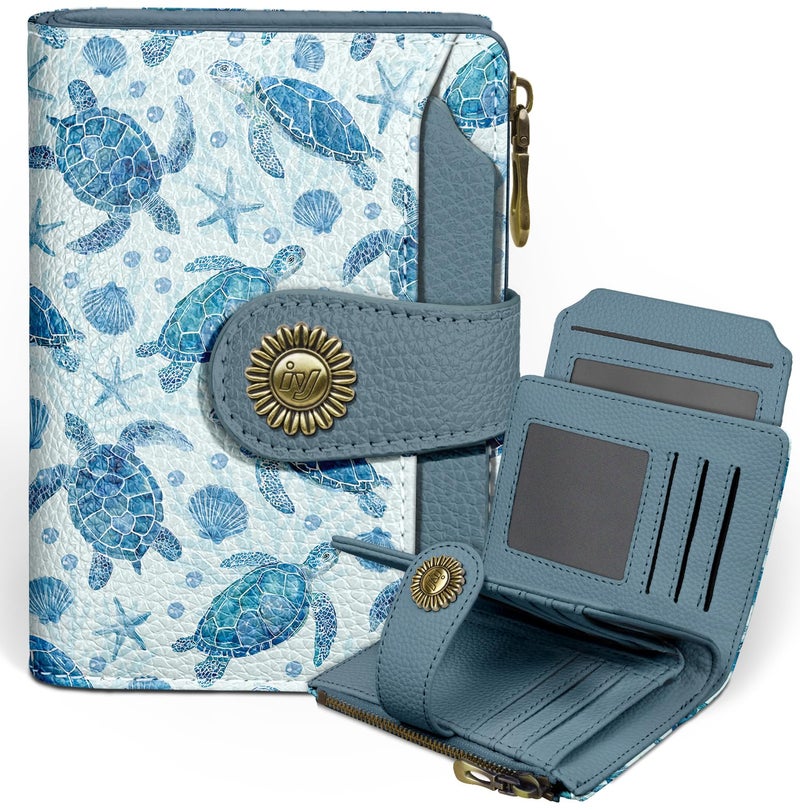 Icycay Sea Turtle Small Wallet Women RFID Blocking Bifold, Credit Card Holder, Zipper Coin Pocket, PU Leather, Cute, Compact, Travel, 4 ID Window, 14 Card Slots, Cash Purse, Ladies Woman Female Girls - Image 1