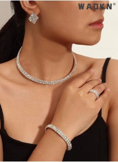 4 Pcs Rhinestone Choker Bracelet Ring Earrings Studs Set Double Row Round Diamond Collar Necklace Bridal Evening Dress Accessories for Women Bracelet Stretch Ring Bridal Party Jewelry Silver/Clear