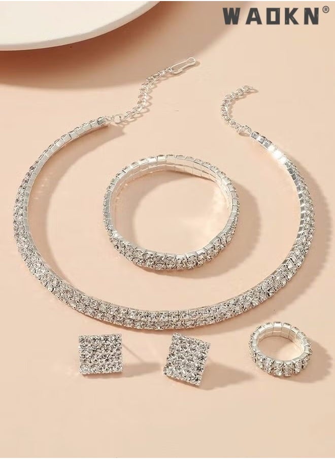 WAOKN - 4 Pcs Rhinestone Choker Bracelet Ring Earrings Studs Set Double Row Round Diamond Collar Necklace Bridal Evening Dress Accessories for Women Bracelet Stretch Ring Bridal Party Jewelry Silver/Clear - Image 1
