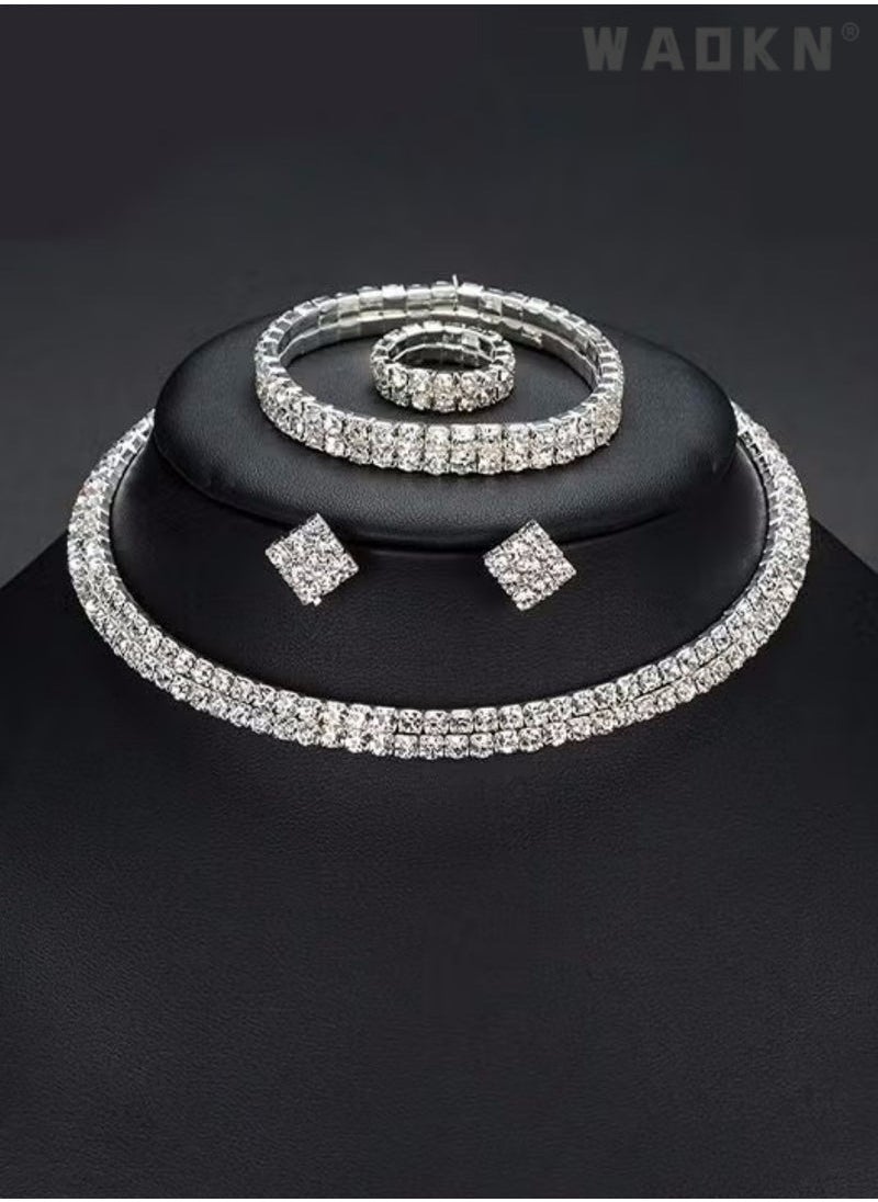WAOKN - 4 Pcs Rhinestone Choker Bracelet Ring Earrings Studs Set Double Row Round Diamond Collar Necklace Bridal Evening Dress Accessories for Women Bracelet Stretch Ring Bridal Party Jewelry Silver/Clear - Image 1