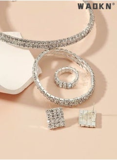 WAOKN 4 Pcs Rhinestone Choker Bracelet Ring Earrings Studs Set Double Row Round Diamond Collar Necklace Bridal Evening Dress Accessories for Women Bracelet Stretch Ring Bridal Party Jewelry Silver/Clear  - Image 5