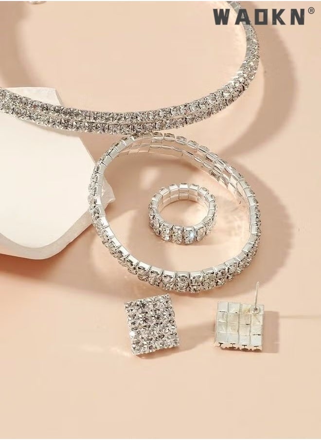 WAOKN - 4 Pcs Rhinestone Choker Bracelet Ring Earrings Studs Set Double Row Round Diamond Collar Necklace Bridal Evening Dress Accessories for Women Bracelet Stretch Ring Bridal Party Jewelry Silver/Clear - Image 1