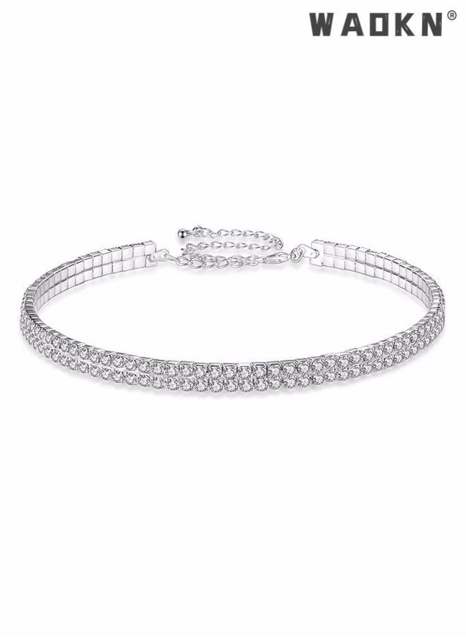 WAOKN - 4 Pcs Rhinestone Choker Bracelet Ring Earrings Studs Set Double Row Round Diamond Collar Necklace Bridal Evening Dress Accessories for Women Bracelet Stretch Ring Bridal Party Jewelry Silver/Clear - Image 1