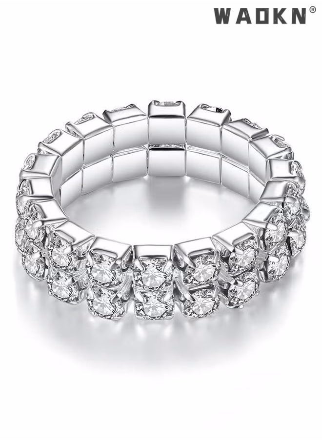 WAOKN - 4 Pcs Rhinestone Choker Bracelet Ring Earrings Studs Set Double Row Round Diamond Collar Necklace Bridal Evening Dress Accessories for Women Bracelet Stretch Ring Bridal Party Jewelry Silver/Clear - Image 1